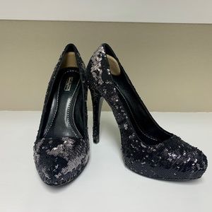 Report Signature black and silver sequined platform 5” heels